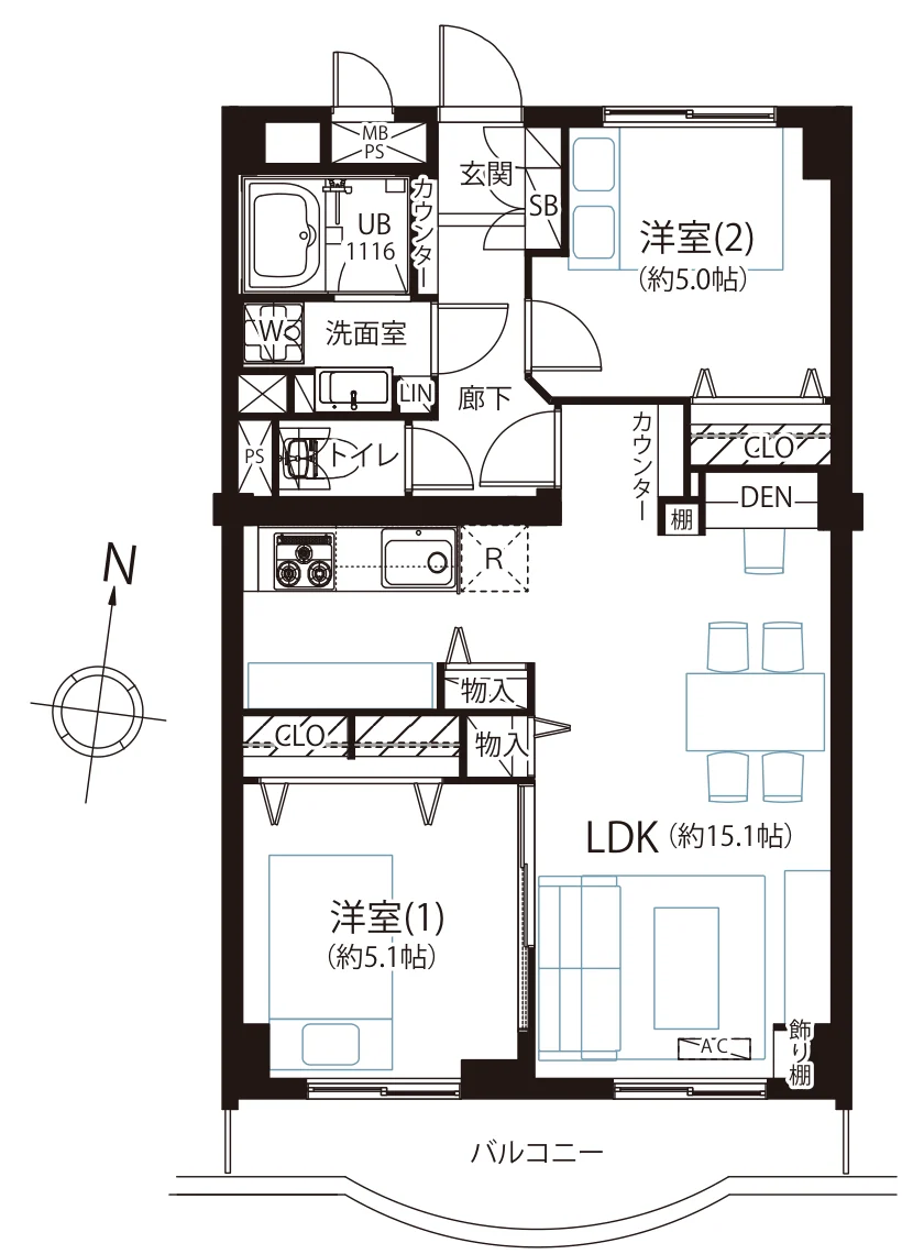 Floor plan — 2LDK, 57.9 sq m. Labels are in the original Japanese.