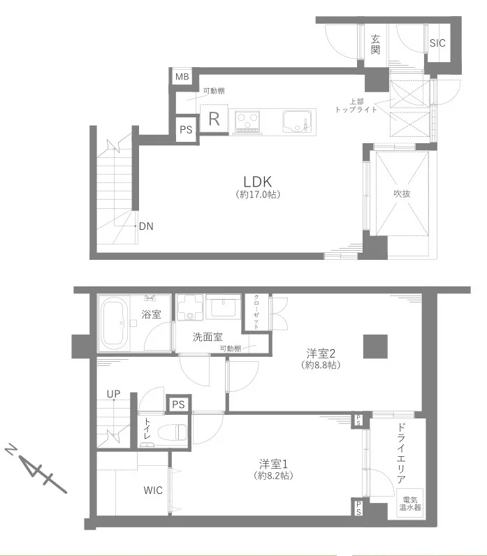 Floor plan — 2LDK maisonette, 71.86 sq m over two levels. Labels are in the original Japanese.