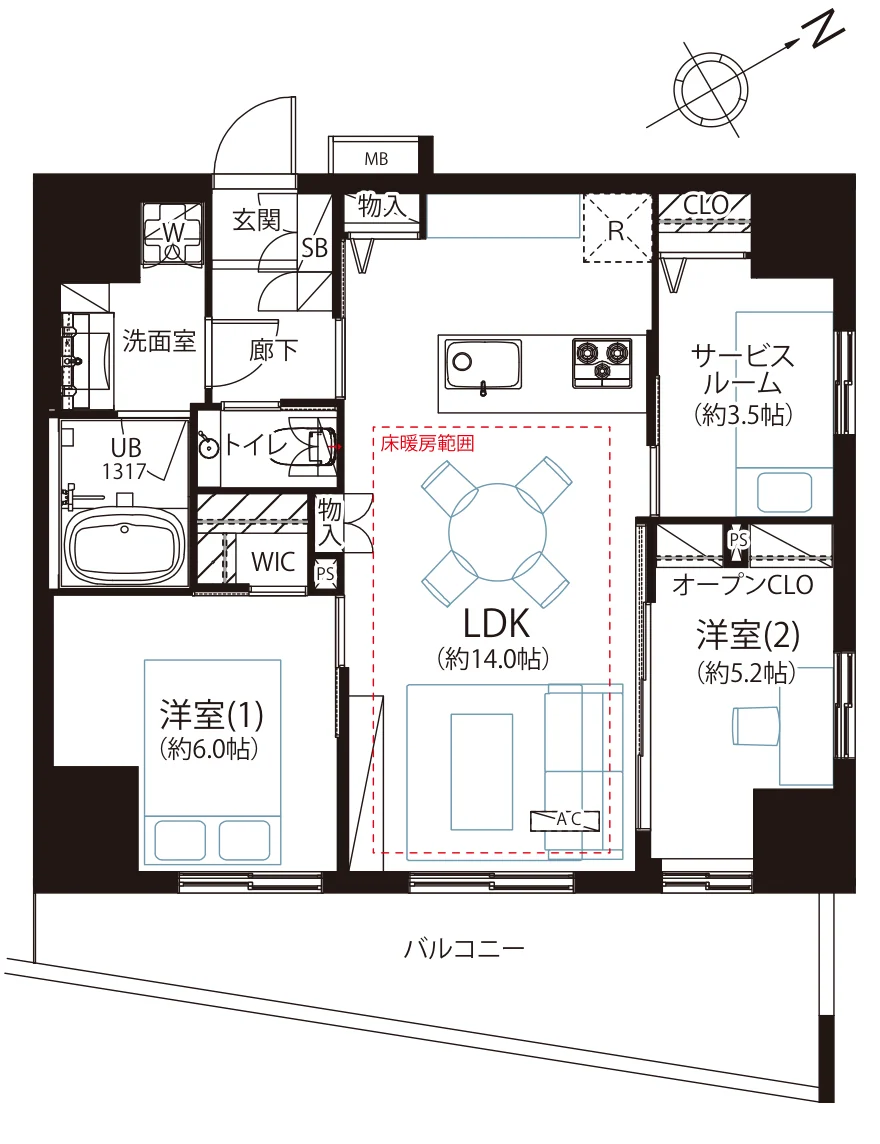 Floor plan — 2SLDK, 62.90 sq m. Labels are in the original Japanese.