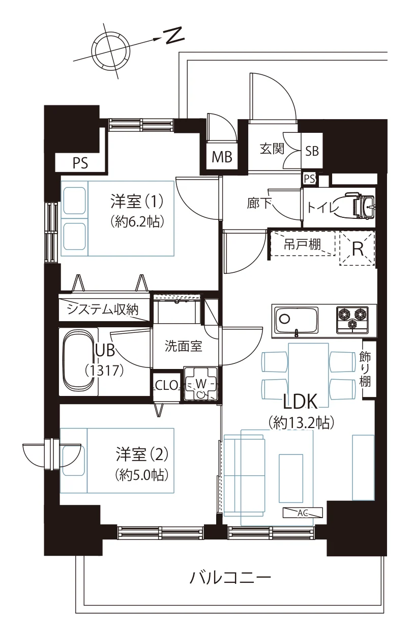 Floor plan — 2LDK, 48.87 sq m. Labels are in the original Japanese.