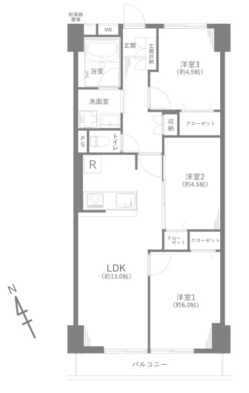 Floor plan — 3LDK, 64.80 sq m. Labels are in the original Japanese.