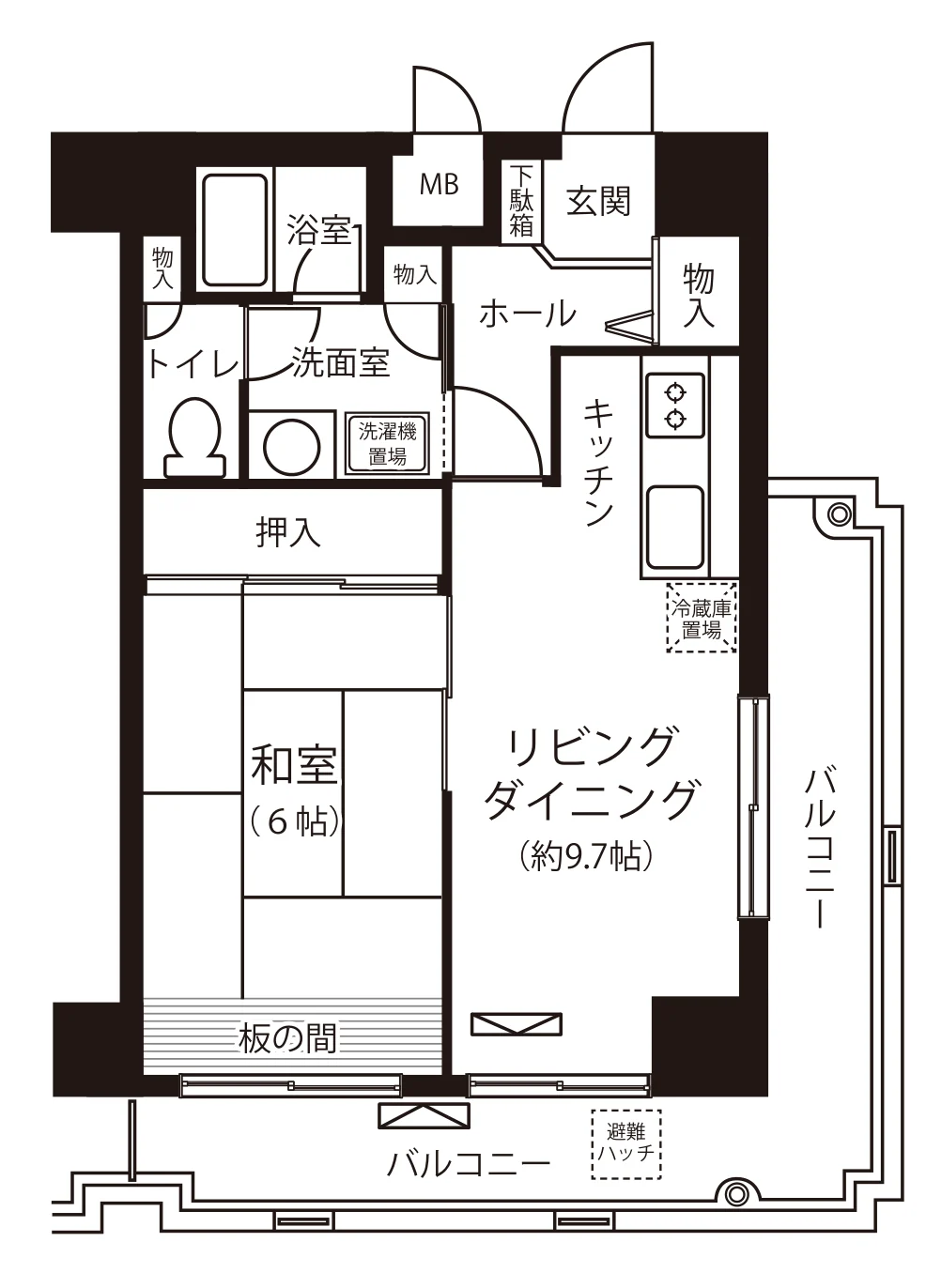 Floor plan — 1LDK, 44.28 sq m. Labels are in the original Japanese.