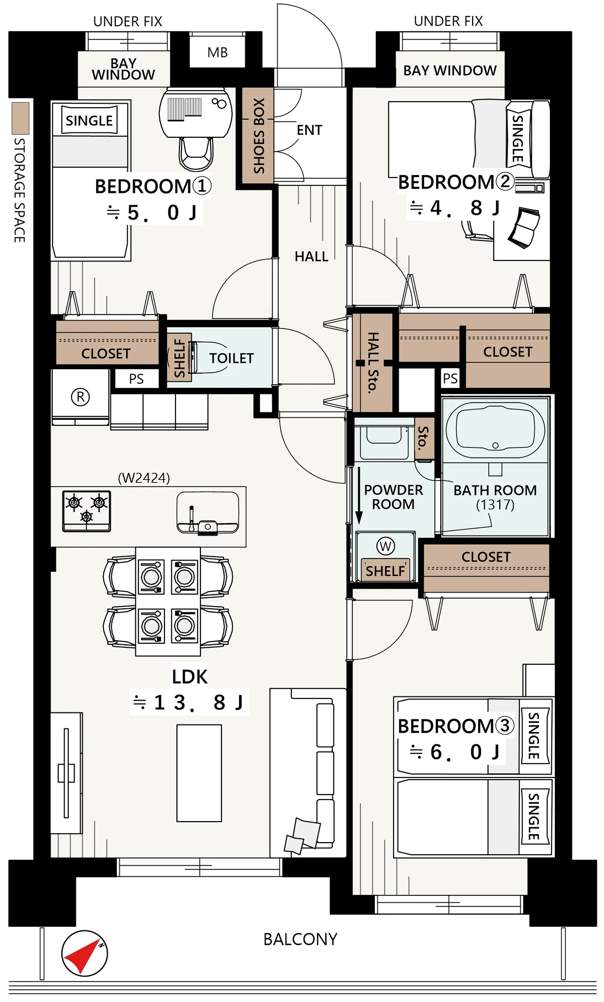 Floor plan — 3LDK, 64.79 sq m. Labels are in the original Japanese.