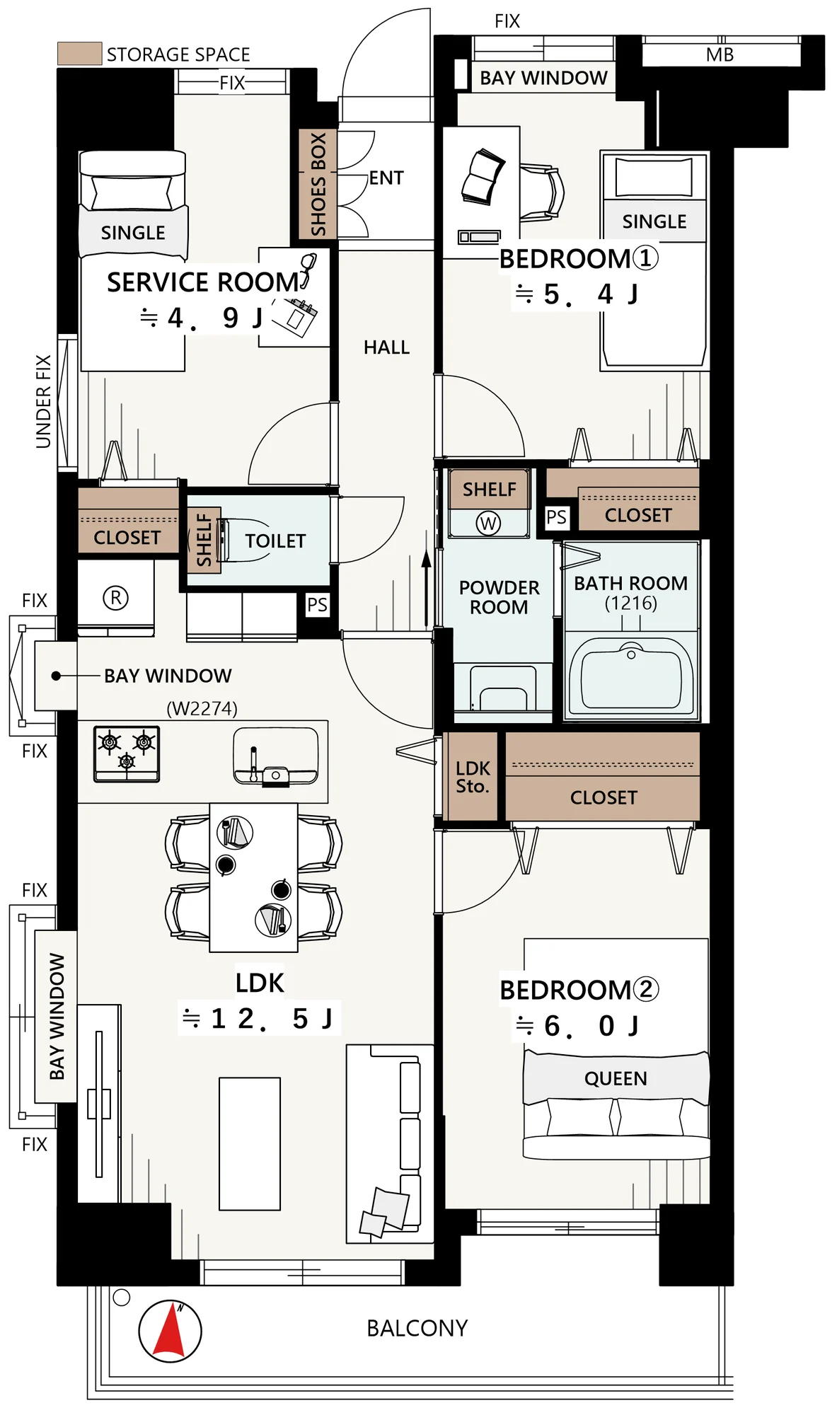 Floor plan — 2SLDK, 62.74 sq m.