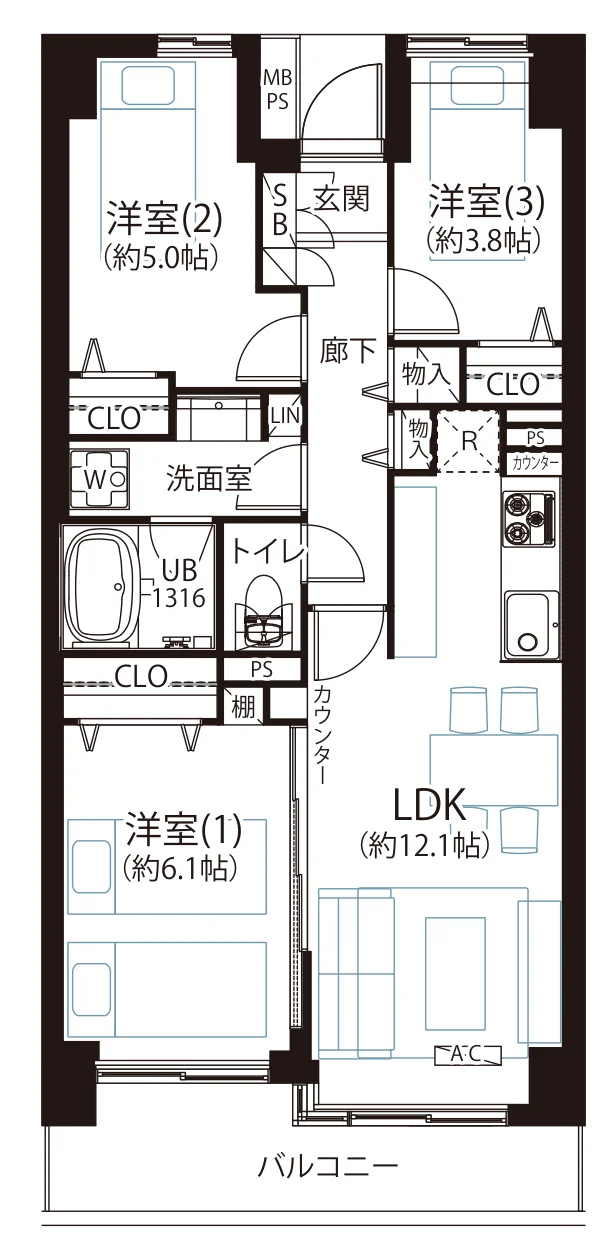 Floor plan — 3LDK, 61.68 sq m. Labels are in the original Japanese.