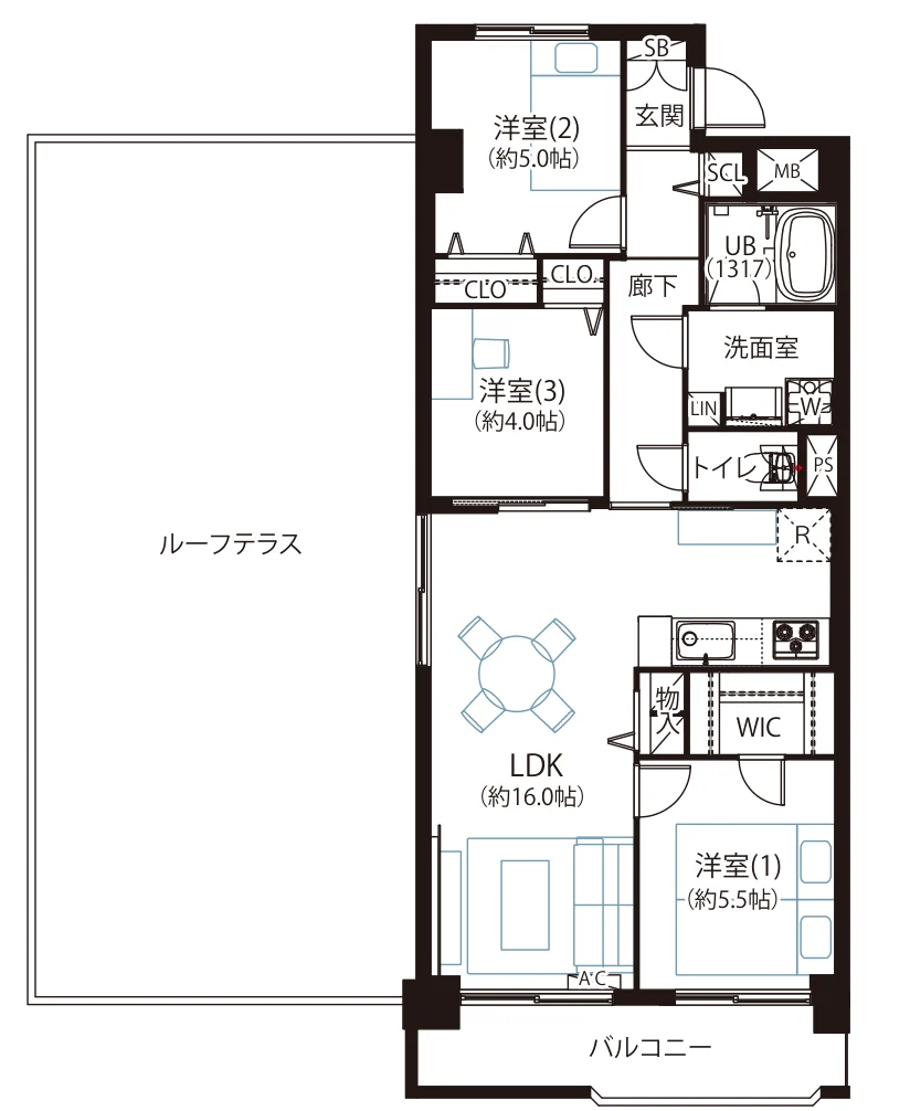 Floor plan — 3LDK, 70.59 sq m, with roof terrace. Labels are in the original Japanese.