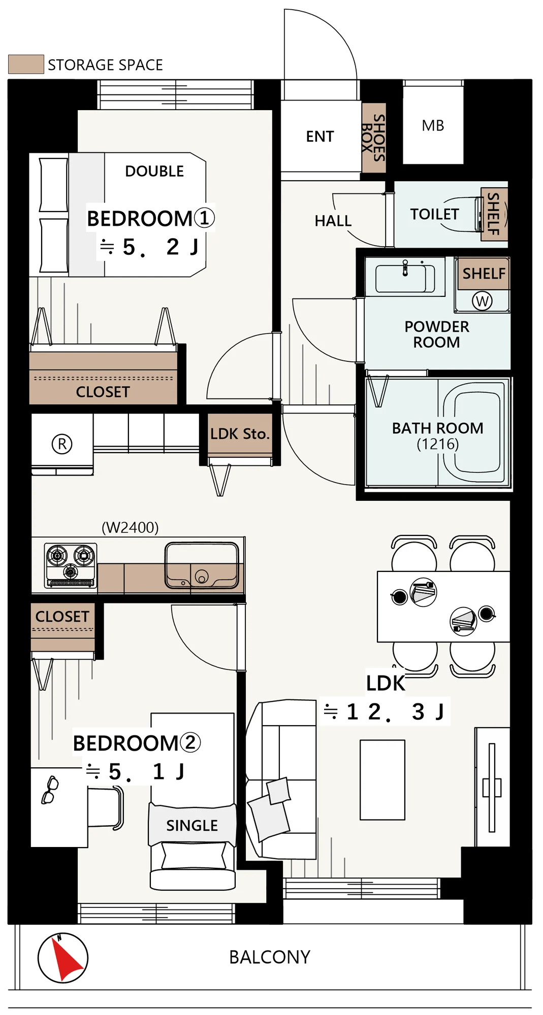 Floor plan — 2LDK, 52.29 sq m.