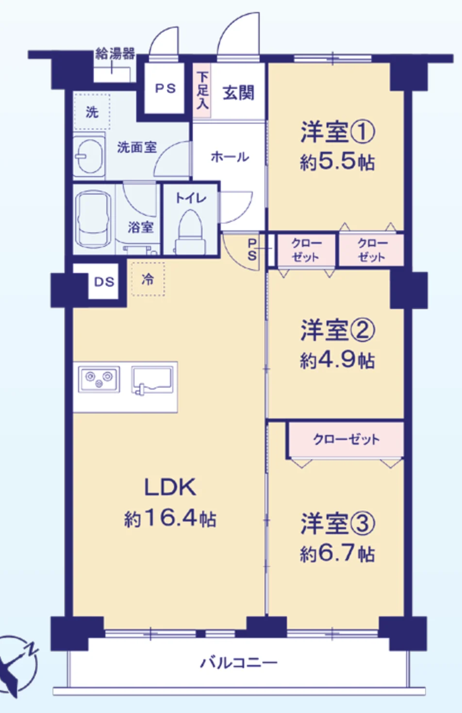 Floor plan — 3LDK, 69.02 sq m. Labels are in the original Japanese.