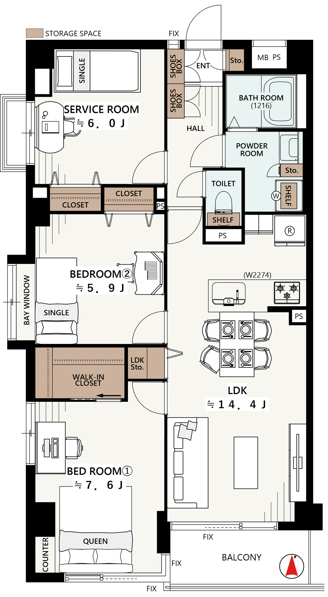 Floor plan — 2SLDK + walk-in closet, 76.64 sq m.