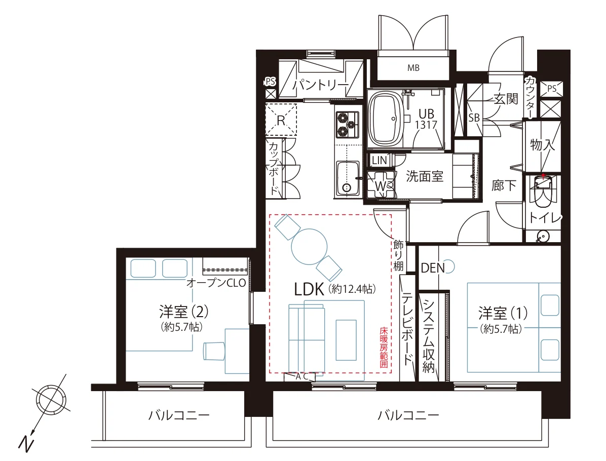 Floor plan — 2LDK, 60.15 sq m. Labels are in the original Japanese.
