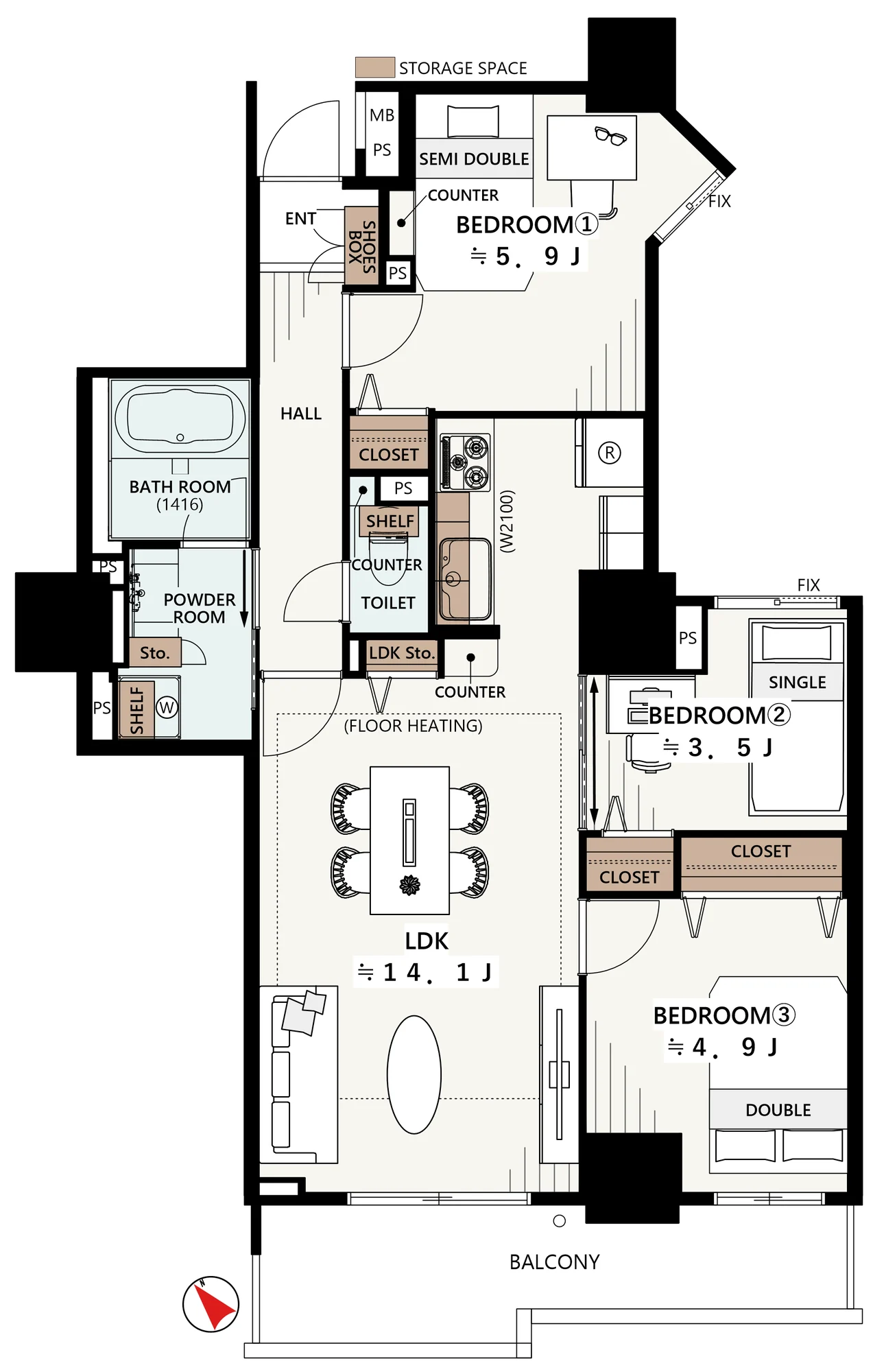 Floor plan — 3LDK, 65.24 sq m. Labels are in the original Japanese.