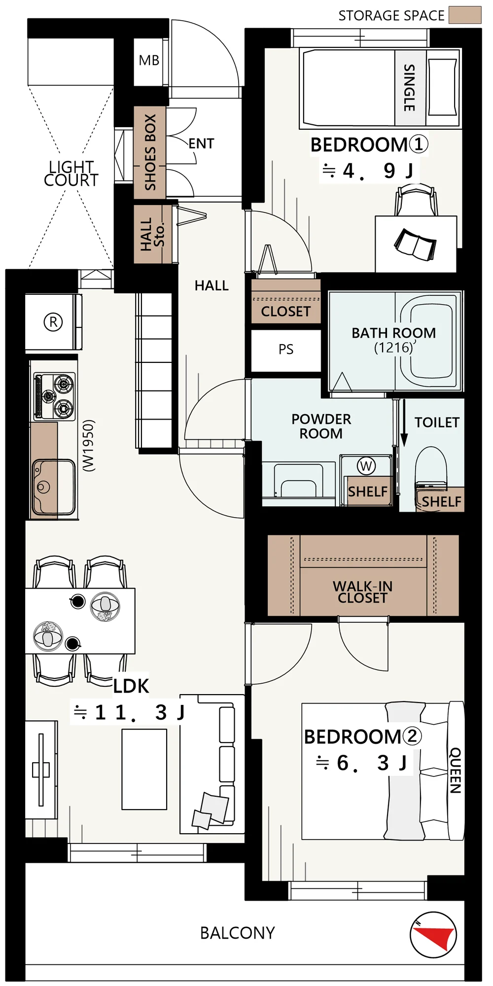 Floor plan — 2LDK+W, 52.68 sq m.