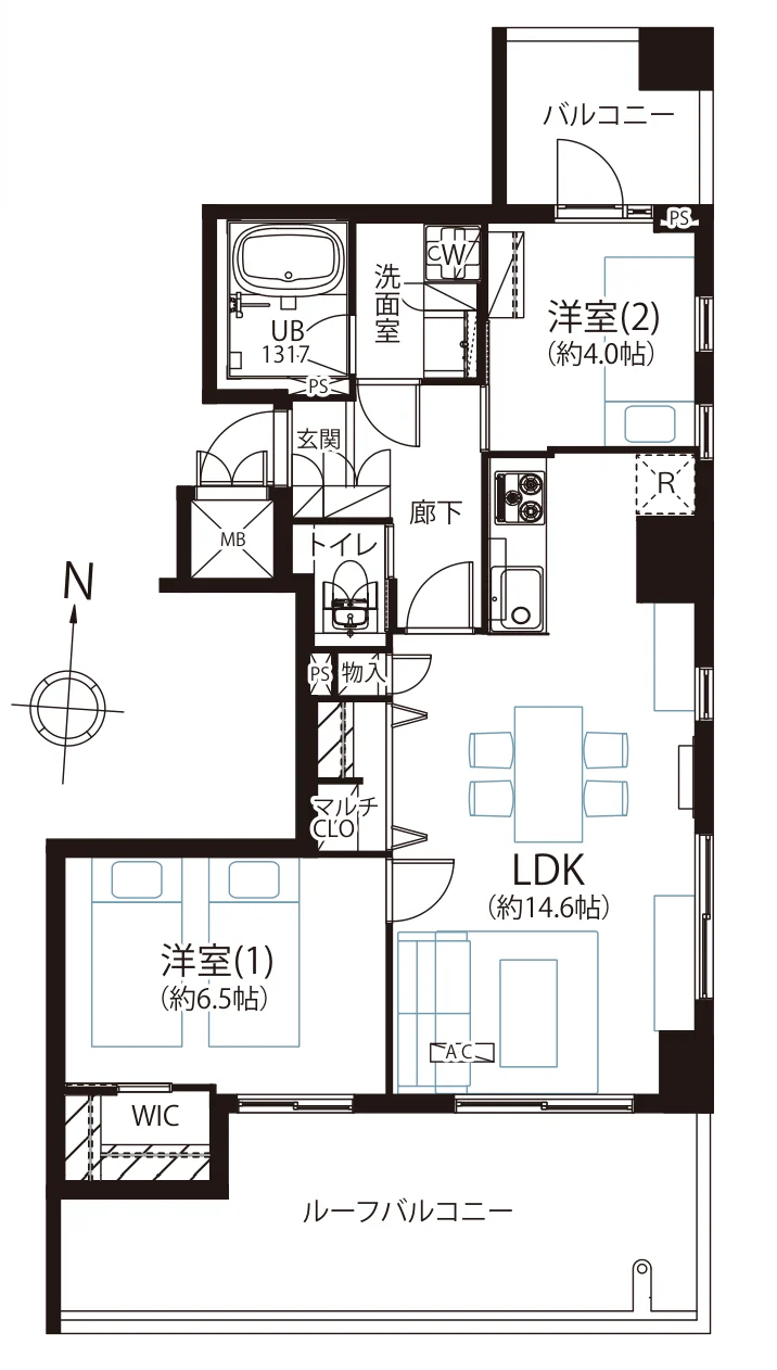 Floor plan — 2LDK, 59.51 sq m. Labels are in the original Japanese.