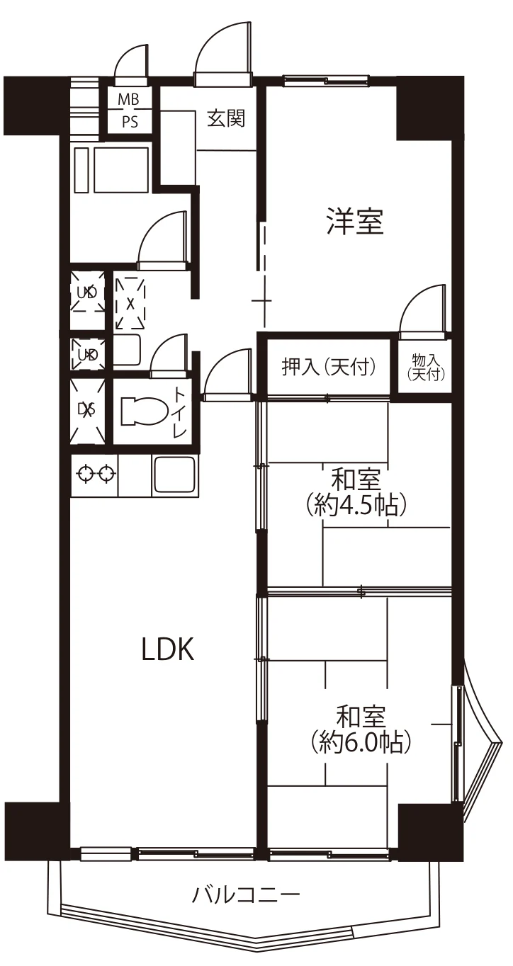 Floor plan — 3LDK, 58.74 sq m. Labels are in the original Japanese.